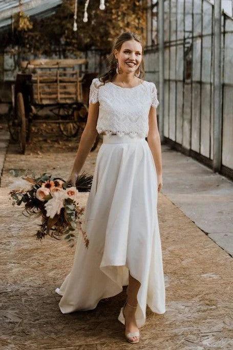 Brautkleider Spitze A Linie Zweiteiler Chiffon Halbarm High Low