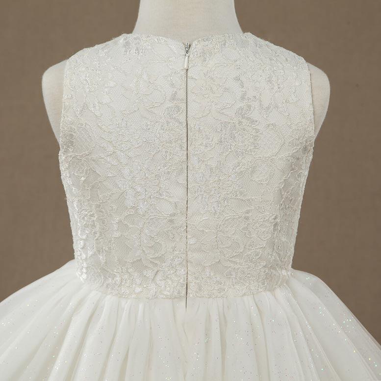 A-line Tea-length Lace match Tulle Flower Girl Dress Jewel Neck Sleeveless with Tiers