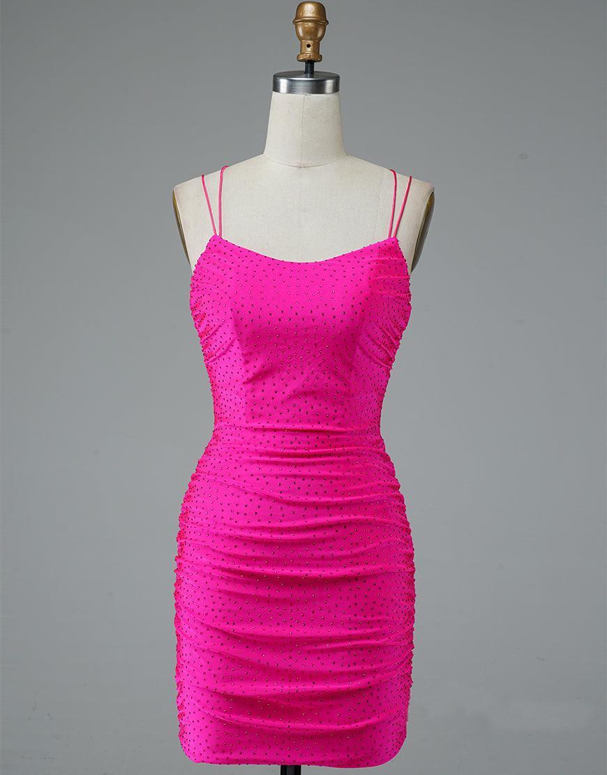 Lace Up Spaghetti Straps Short Homecoming Dress Hot Pink Party Dress