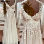 Vestido de novia bohemio NumberSea NumberSea con apliques de encaje y cuentas florales, espalda descubierta, tirantes finos, estilo de novia praiano 