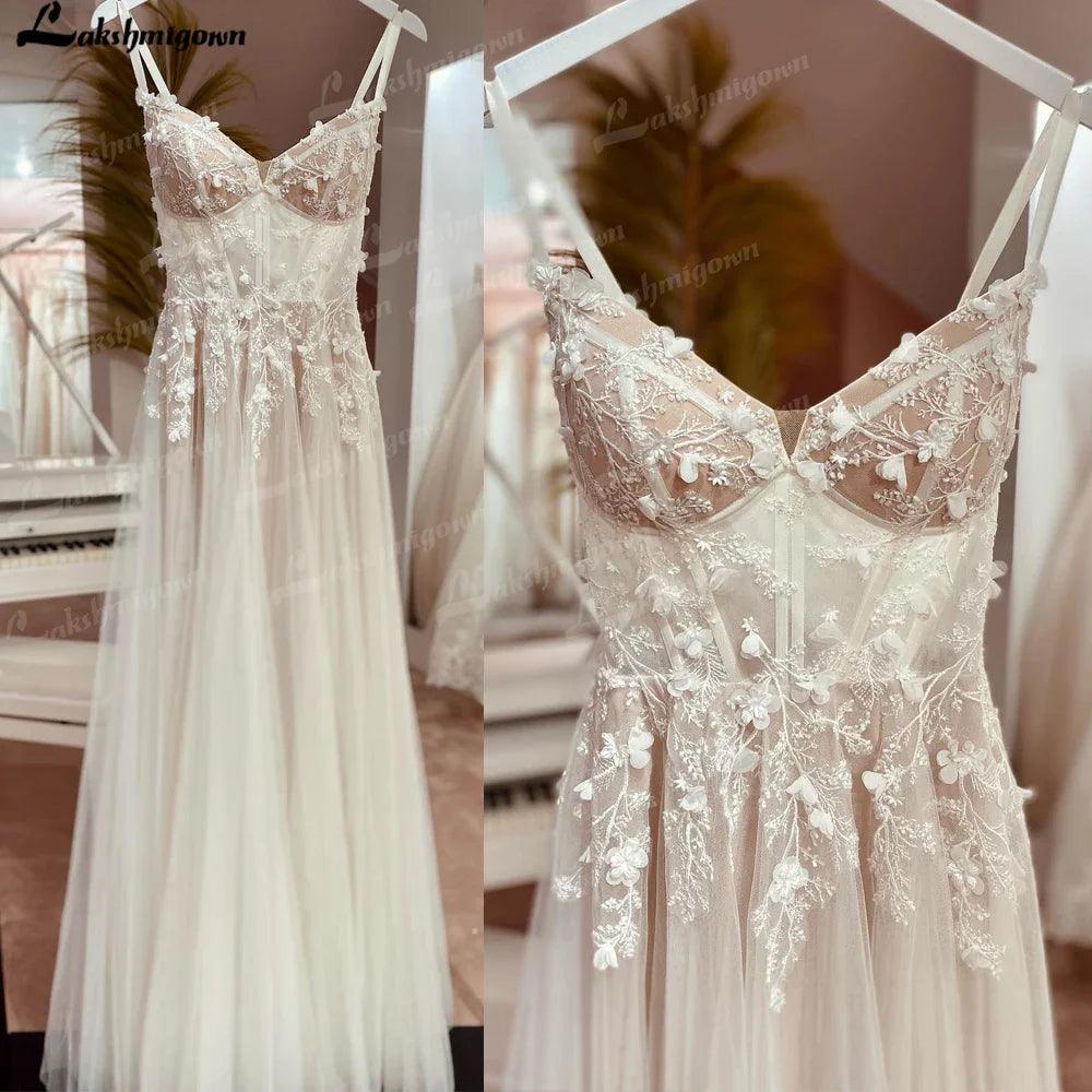 Vestido de novia bohemio NumberSea NumberSea con apliques de encaje y cuentas florales, espalda descubierta, tirantes finos, estilo de novia praiano 