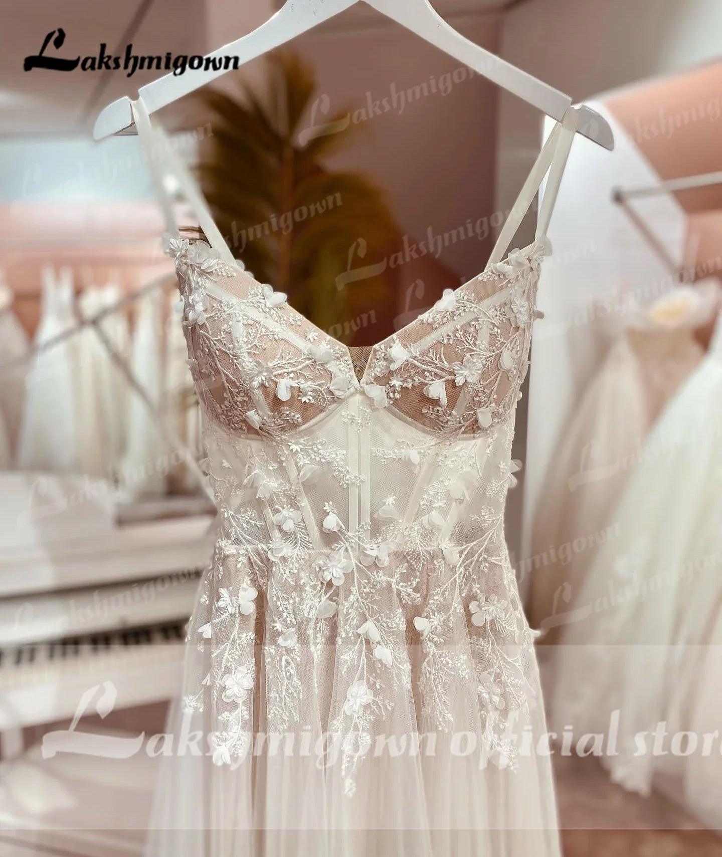 Vestido de novia bohemio NumberSea NumberSea con apliques de encaje y cuentas florales, espalda descubierta, tirantes finos, estilo de novia praiano 