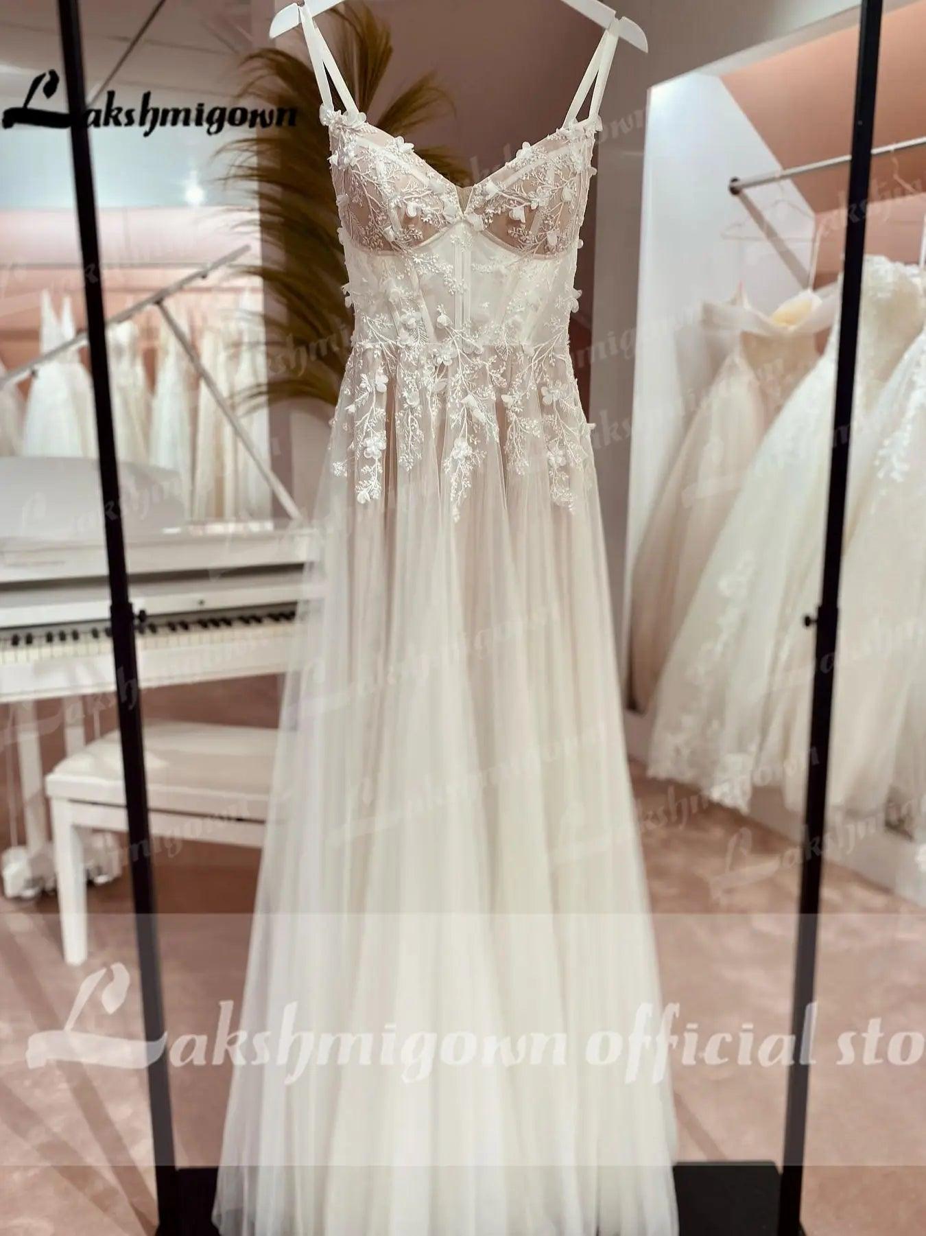 Vestido de novia bohemio NumberSea NumberSea con apliques de encaje y cuentas florales, espalda descubierta, tirantes finos, estilo de novia praiano 