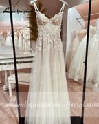 Vestido de novia bohemio NumberSea NumberSea con apliques de encaje y cuentas florales, espalda descubierta, tirantes finos, estilo de novia praiano 
