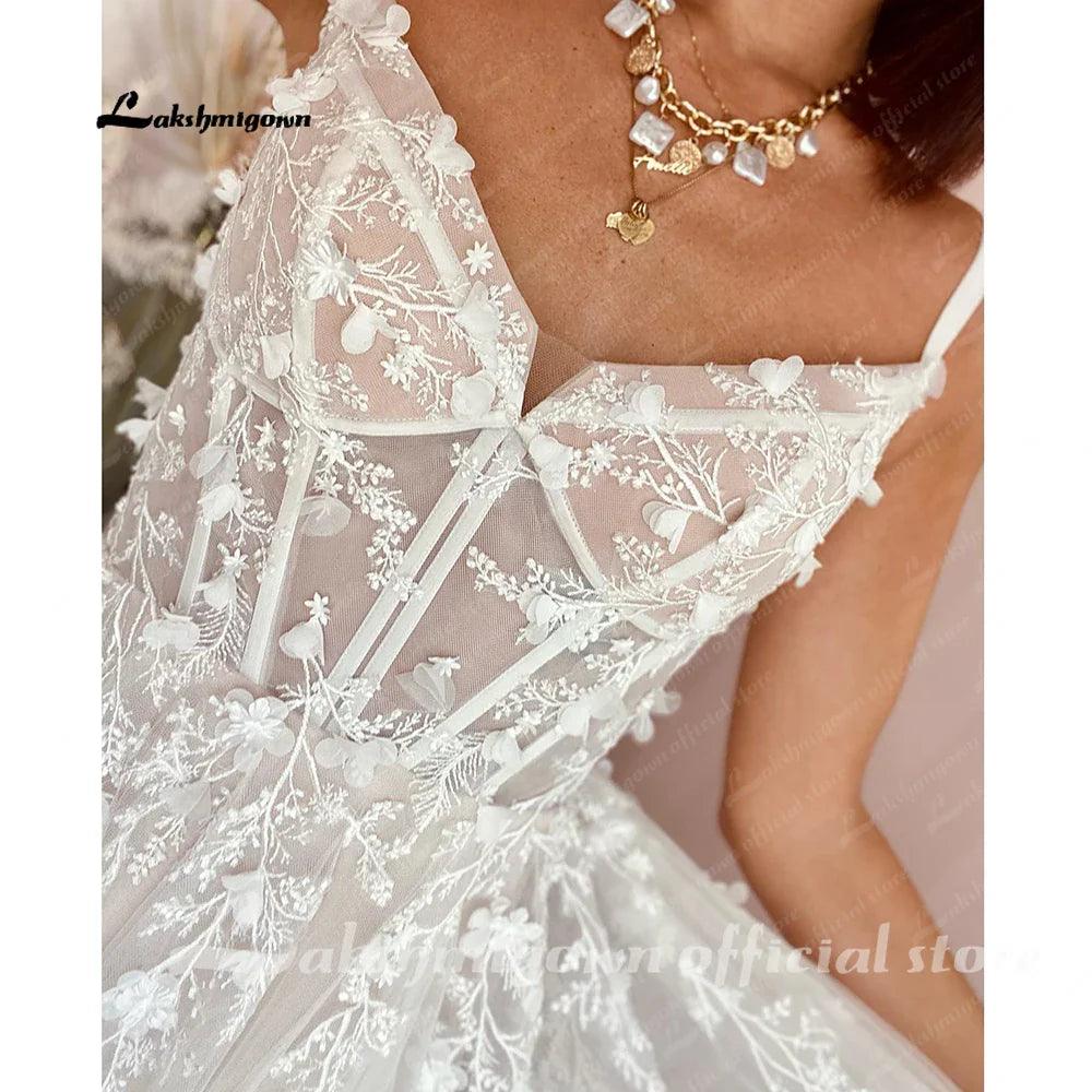 Vestido de novia bohemio NumberSea NumberSea con apliques de encaje y cuentas florales, espalda descubierta, tirantes finos, estilo de novia praiano 