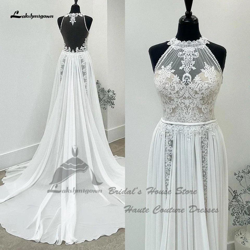 Vestido de novia bohemio de NumberSea 2025, corte en A, de gasa, estilo playero, con espalda de encaje transparente e ilusión. 