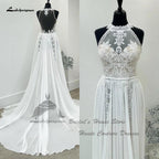 Vestido de novia bohemio de NumberSea 2025, corte en A, de gasa, estilo playero, con espalda de encaje transparente e ilusión. 