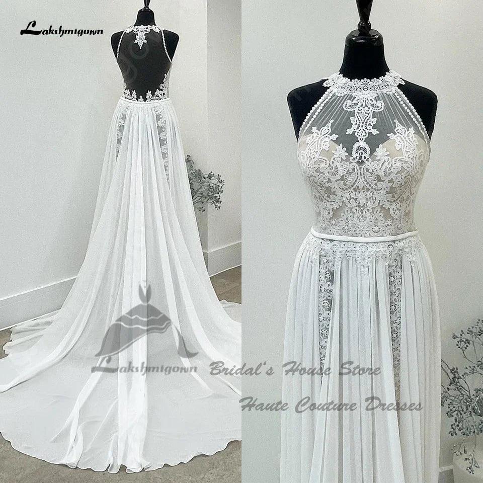 Vestido de novia bohemio de NumberSea 2025, corte en A, de gasa, estilo playero, con espalda de encaje transparente e ilusión. 