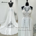 Vestido de novia bohemio de NumberSea 2025, corte en A, de gasa, estilo playero, con espalda de encaje transparente e ilusión. 