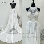 Vestido de novia bohemio de NumberSea 2025, corte en A, de gasa, estilo playero, con espalda de encaje transparente e ilusión. 