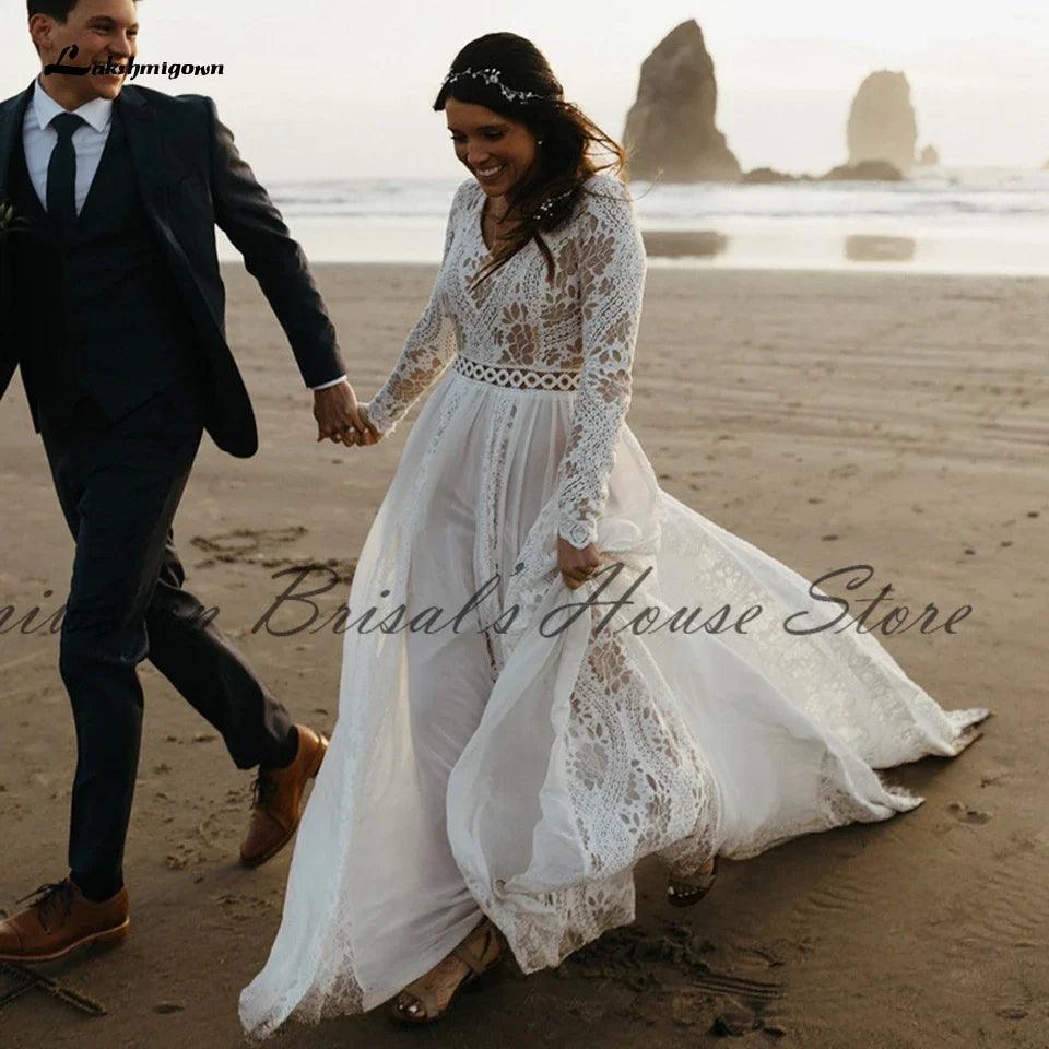 NumberSea NumberSea Hippie-Spitze Langarmkleid Brautkleid Sexy A-Linie Boho Brautkleider 2021 Übergröße Damen Strand Brautkleider 