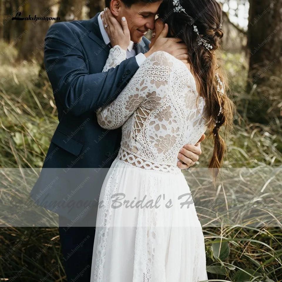 NumberSea NumberSea Hippie-Spitze Langarmkleid Brautkleid Sexy A-Linie Boho Brautkleider 2021 Übergröße Damen Strand Brautkleider 