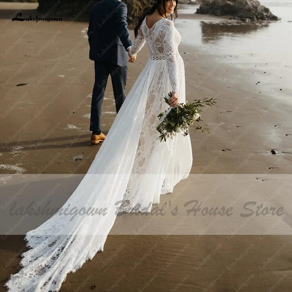NumberSea NumberSea Hippie-Spitze Langarmkleid Brautkleid Sexy A-Linie Boho Brautkleider 2021 Übergröße Damen Strand Brautkleider 