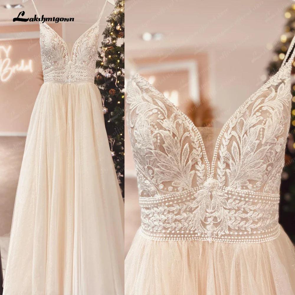 Vestido de novia bohemio con tirantes finos color champán para mujer 2025, vestido de novia civil, vestido de novia para iglesia, vestido de novia con escote halter. 