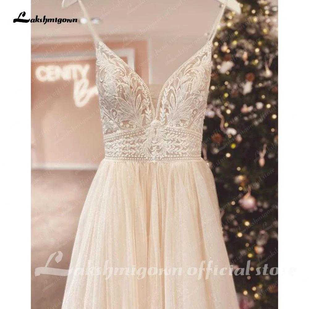 Vestido de novia bohemio con tirantes finos color champán para mujer 2025, vestido de novia civil, vestido de novia para iglesia, vestido de novia con escote halter. 