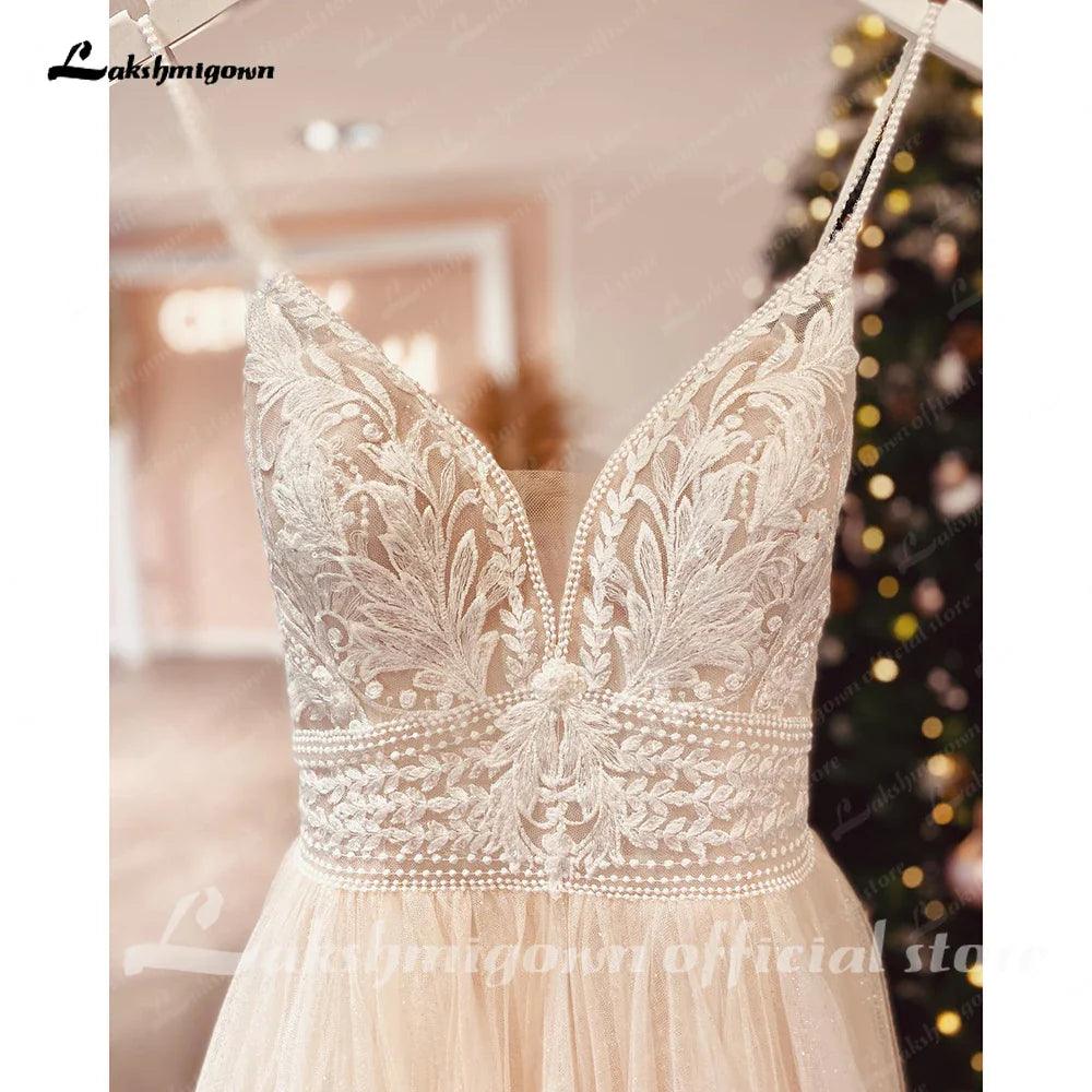 Vestido de novia bohemio con tirantes finos color champán para mujer 2025, vestido de novia civil, vestido de novia para iglesia, vestido de novia con escote halter. 