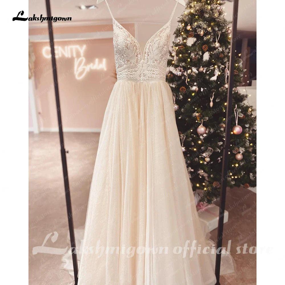 NumberSea NumberSea Spaghetti Straps Champagne Boho Wedding Dress for Women 2025 Vestido Civil Bridal Church Wedding Gowns Suknie Slubne, Picture
