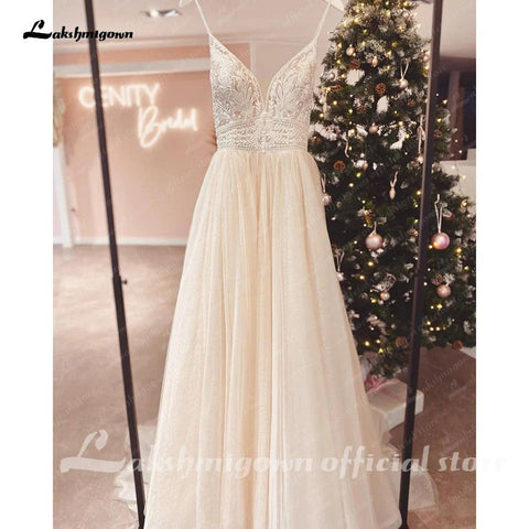 NumberSea NumberSea Spaghetti Straps Champagne Boho Wedding Dress For Women 2025 Vestido Civil Bridal Church Wedding Gowns suknie slubne