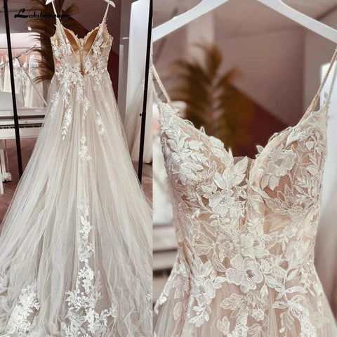NumberSea NumberSea Spaghetti Straps Lace Wedding Dress Open Back Civil Bridal Bohemian Wedding Gowns  Vestidos de Nova