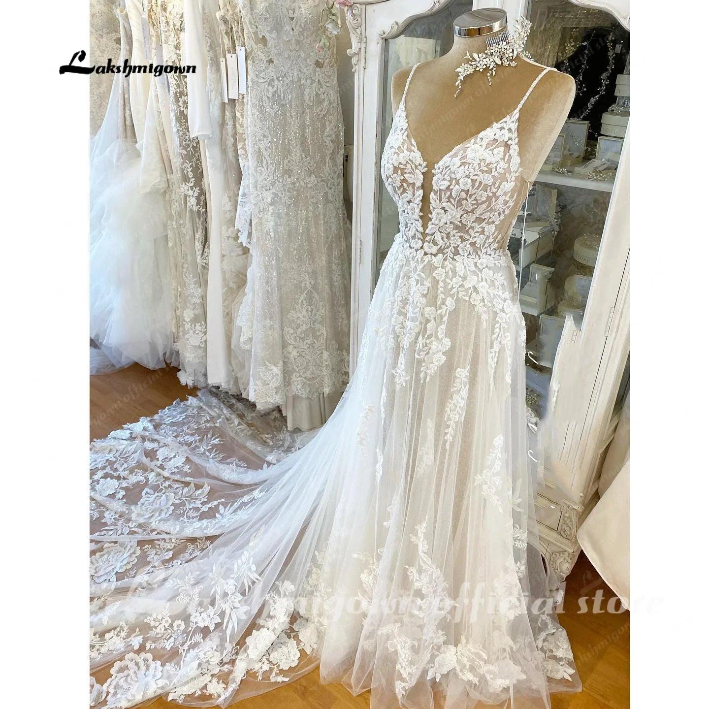 Vestido de novia de encaje con tirantes finos de NumberSea NumberSea, vestido de novia sexy 2025 con escote en V pronunciado de tul, vestido de novia bohemio Abiti Sposa 