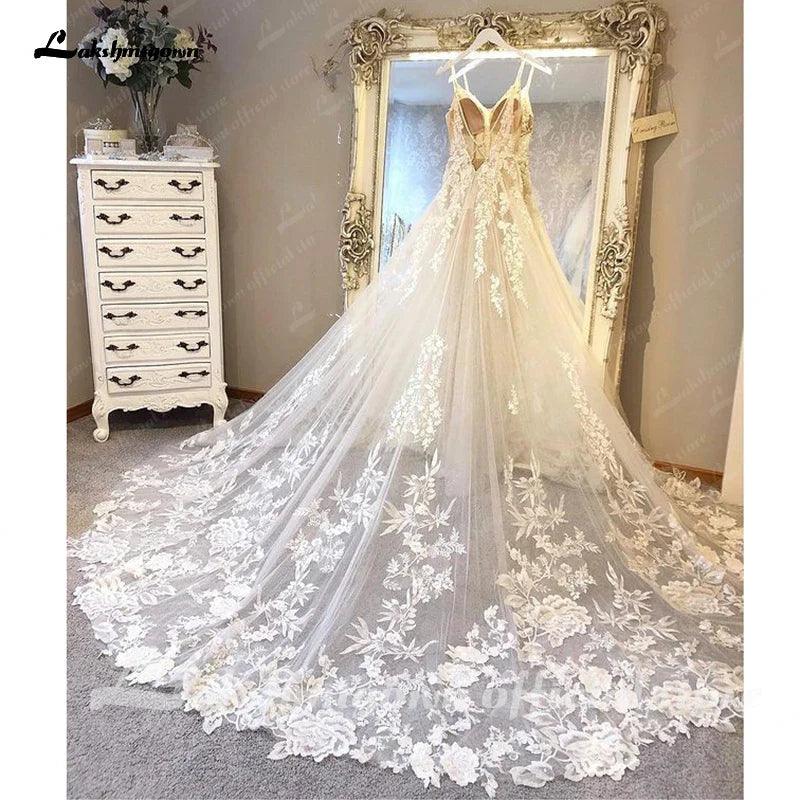 Vestido de novia de encaje con tirantes finos de NumberSea NumberSea, vestido de novia sexy 2025 con escote en V pronunciado de tul, vestido de novia bohemio Abiti Sposa 