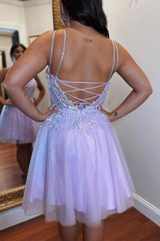 A-line Appliques Lace-Up Tulle Lavender Homecoming Dress