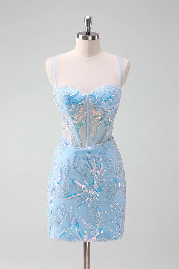 Hellblaues, paillettenbesetztes, eng anliegendes Korsett-Abendkleid