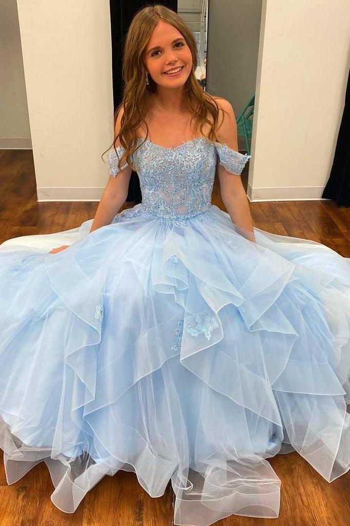 Light Blue Tulle Off-the-Shoulder Tiered A-Line Prom Evening Dress