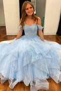 Light Blue Tulle Off-the-Shoulder Tiered A-Line Prom Evening Dress