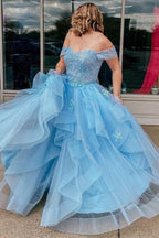 Light Blue Tulle Off-the-Shoulder Tiered A-Line Prom Evening Dress