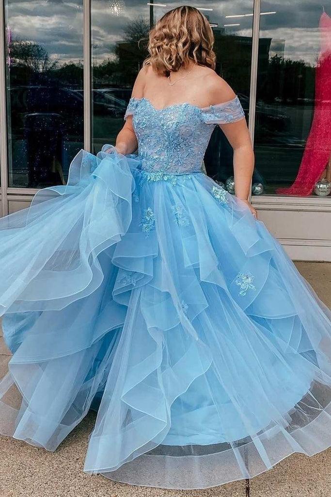 Light Blue Tulle Off-the-Shoulder Tiered A-Line Prom Evening Dress