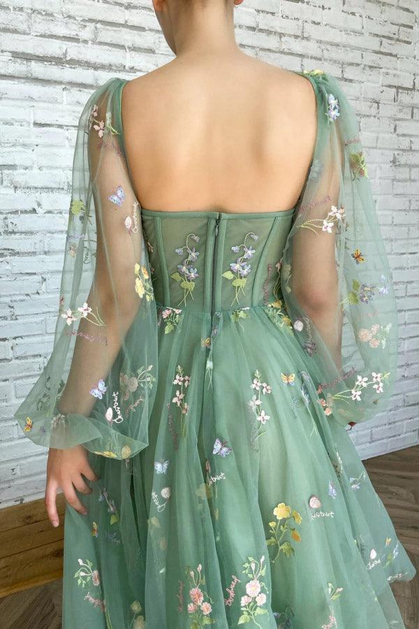 Hellgrünes besticktes Tüllkleid Abendkleid Puffy Langarm