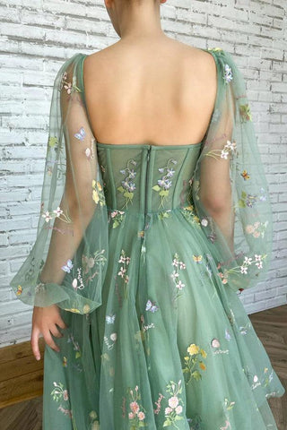 Light Green Embroidered Tulle dress Evening Dress Puffy Long Sleeve