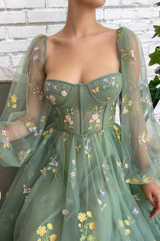Light Green Embroidered Tulle dress Evening Dress Puffy Long Sleeve