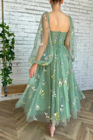 Light Green Embroidered Tulle dress Evening Dress Puffy Long Sleeve
