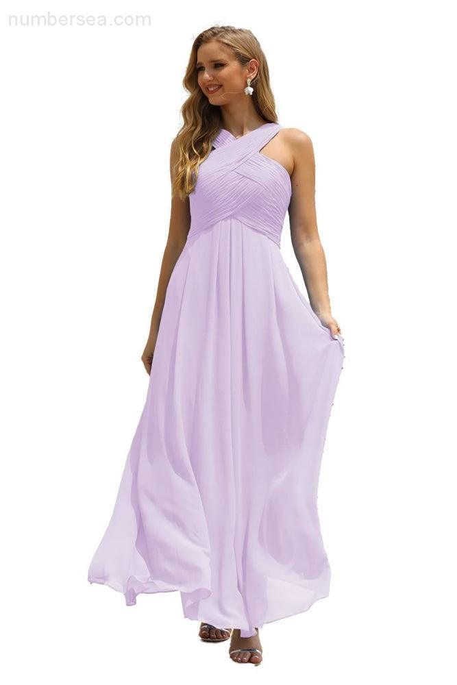 Numbersea Women Halter Chiffon Bridesmaid Dress A-line Long Formal Prom Gown SEA28015-numbersea