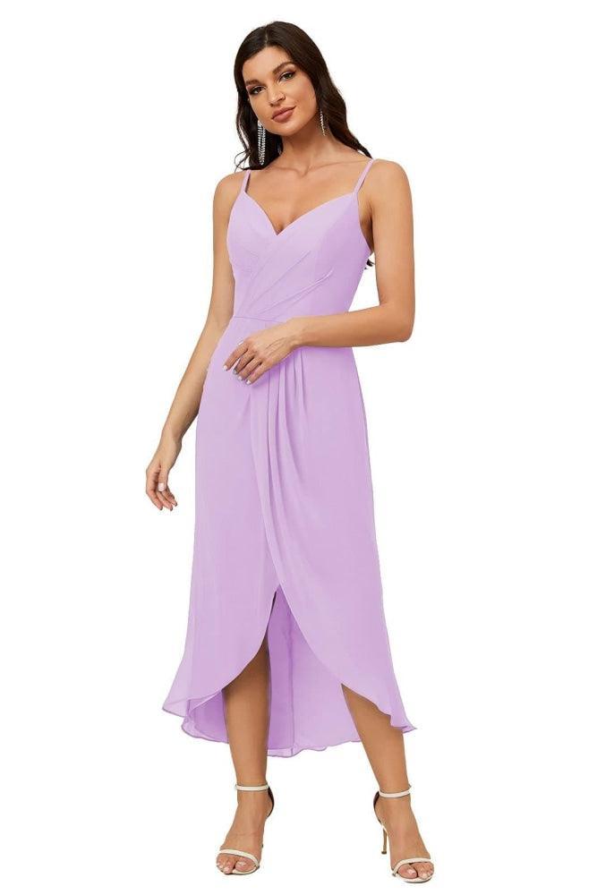 Numbersea Spaghetti Chiffon V Neck Bridesmaid Dress Mid-Length Slit Formal Prom Dress Homecoming Dress 2803-numbersea