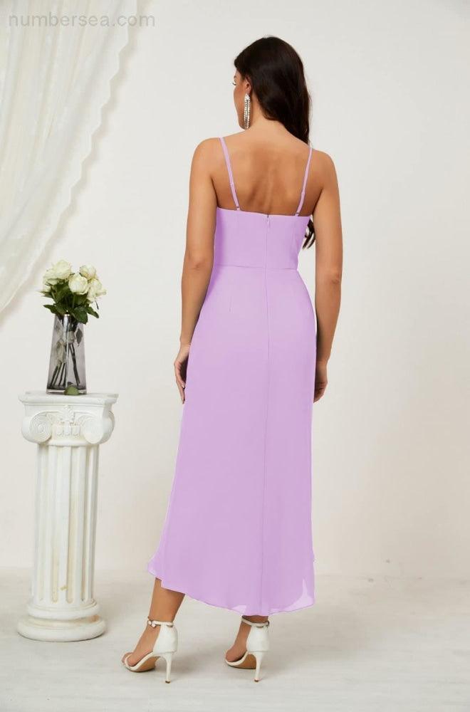 Numbersea Spaghetti Chiffon V Neck Bridesmaid Dress Mid-Length Slit Formal Prom Dress Homecoming Dress 2803-numbersea