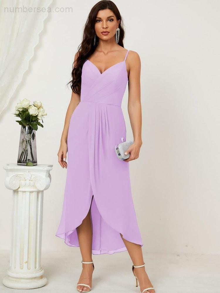 Numbersea Spaghetti Chiffon V Neck Bridesmaid Dress Mid-Length Slit Formal Prom Dress Homecoming Dress 2803-numbersea
