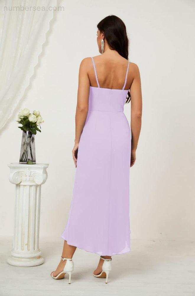 Numbersea Spaghetti Chiffon V Neck Bridesmaid Dress Mid-Length Slit Formal Prom Dress Homecoming Dress 2803-numbersea