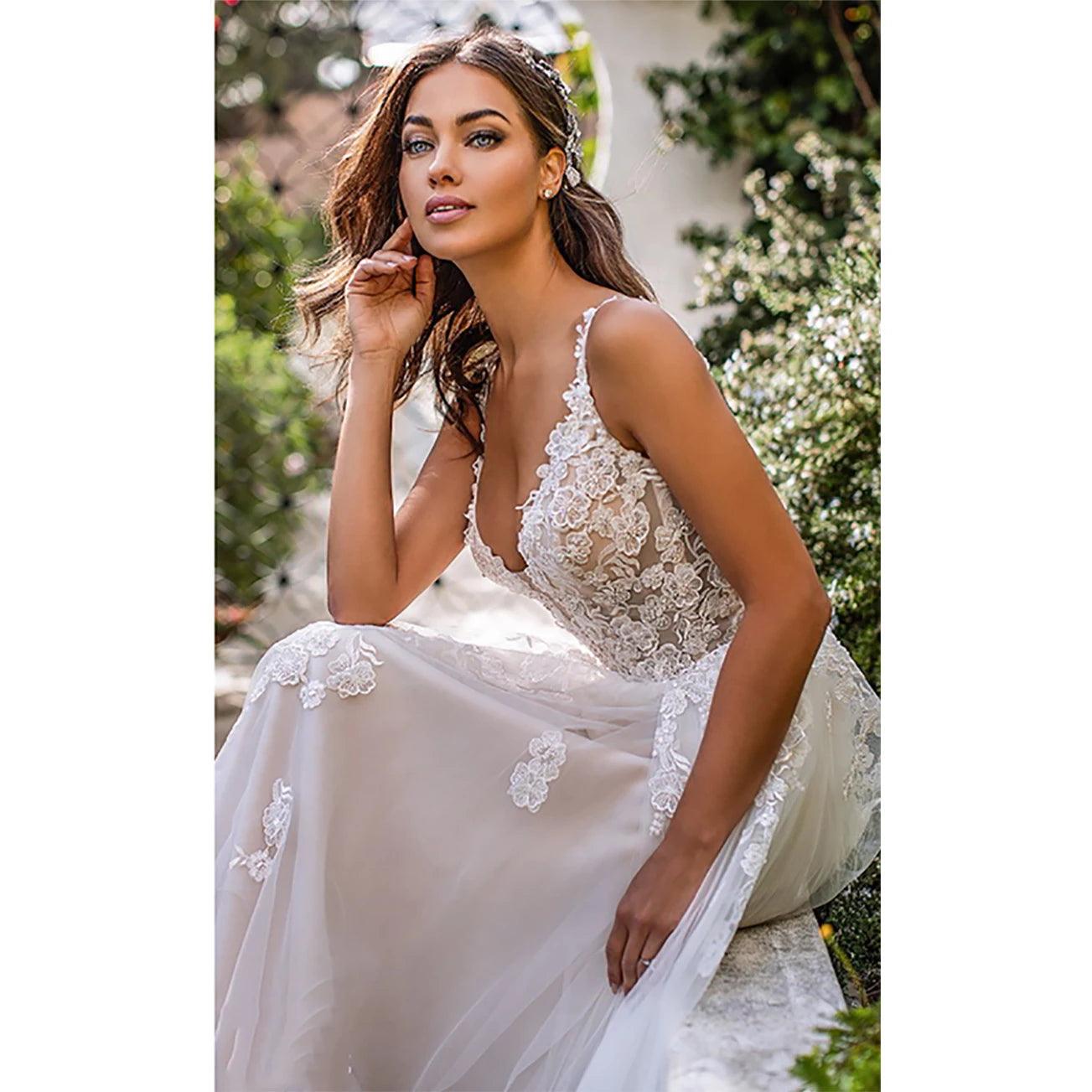 Vestido de novia largo estilo bohemio, corte A, espalda descubierta, flores 3D, tirantes finos, estilo princesa, largo hasta el suelo. 