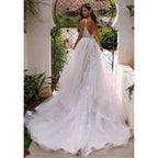 Vestido de novia largo estilo bohemio, corte A, espalda descubierta, flores 3D, tirantes finos, estilo princesa, largo hasta el suelo. 