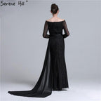 Long Sleeve Black Mermaid Tulle Evening Dresses Beading Sequined Formal Dress Real Photo 2024 Serene Hill LA6009