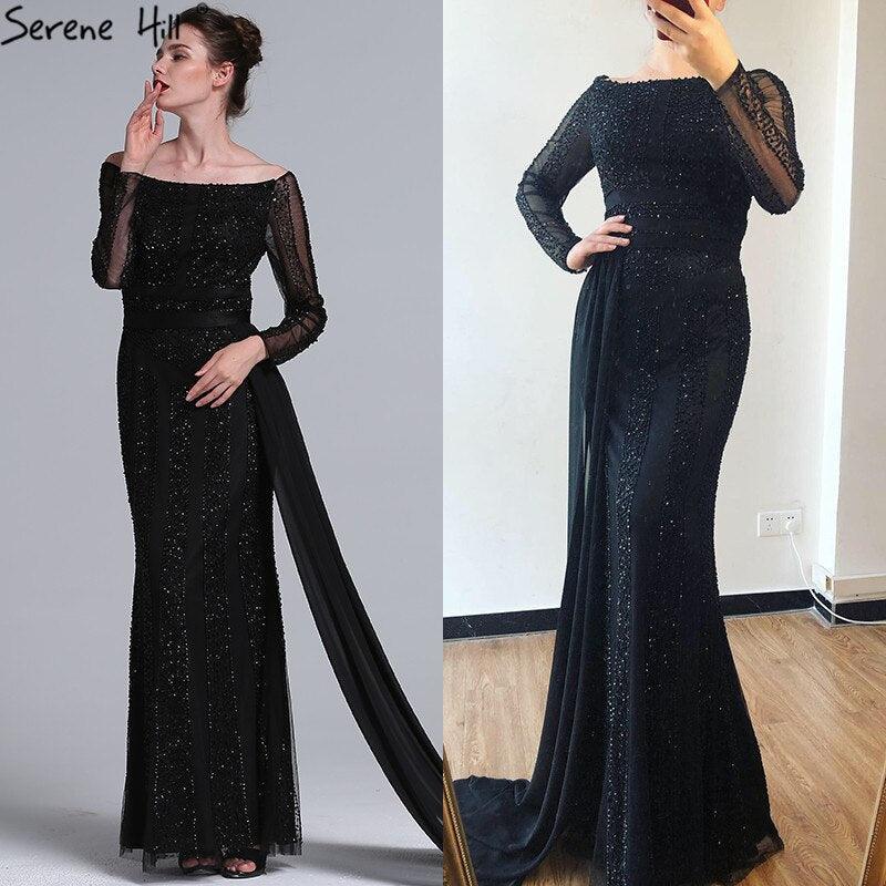 Long Sleeve Black Mermaid Tulle Evening Dresses Beading Sequined Formal Dress Real Photo 2024 Serene Hill LA6009