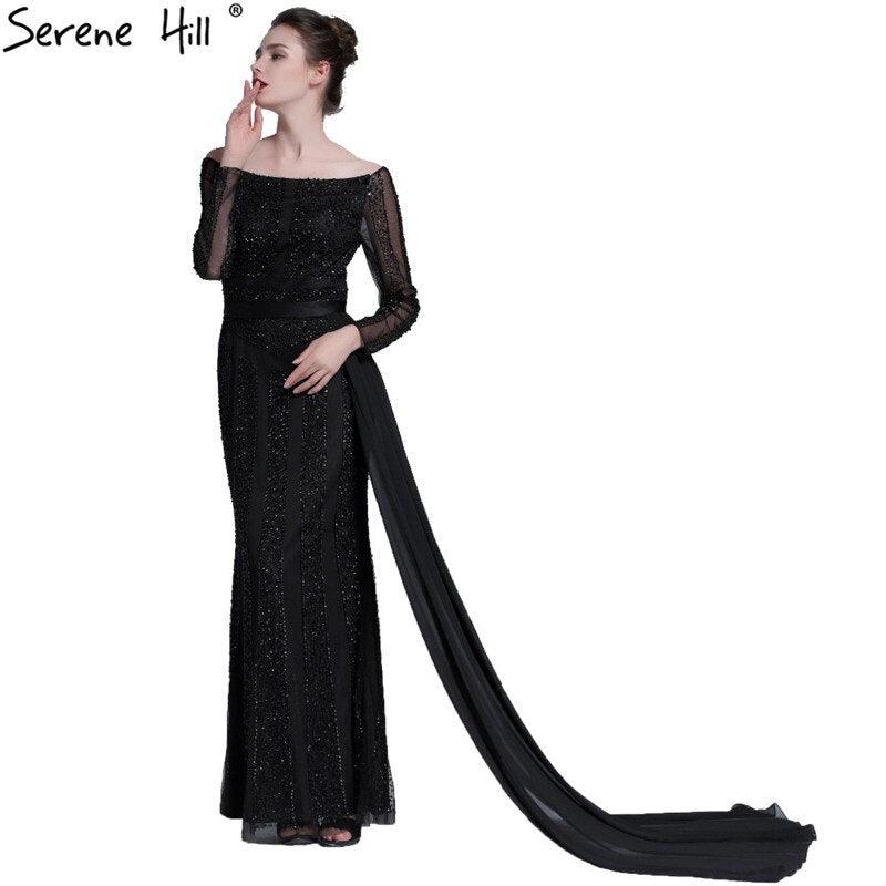 Long Sleeve Black Mermaid Tulle Evening Dresses Beading Sequined Formal Dress Real Photo 2024 Serene Hill LA6009