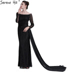Long Sleeve Black Mermaid Tulle Evening Dresses Beading Sequined Formal Dress Real Photo 2024 Serene Hill LA6009
