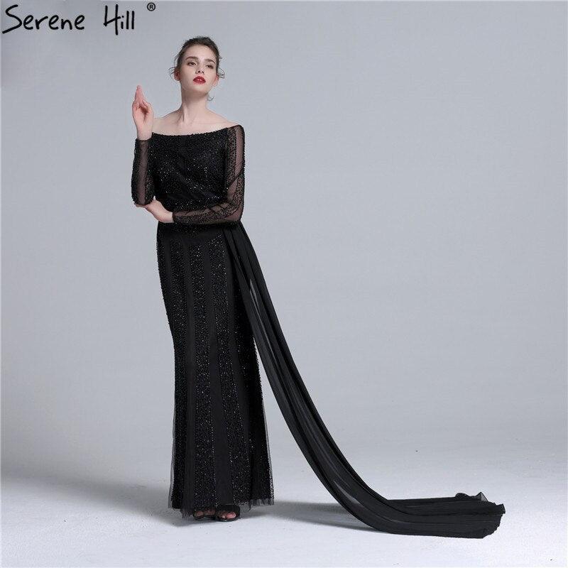 Long Sleeve Black Mermaid Tulle Evening Dresses Beading Sequined Formal Dress Real Photo 2024 Serene Hill LA6009