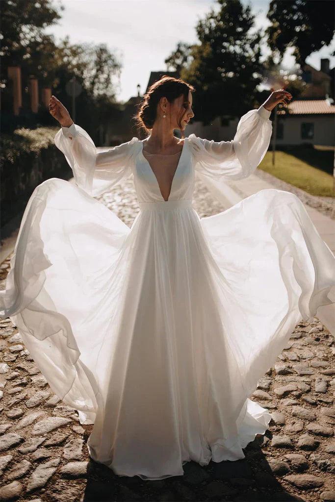 Vestidos de novia de manga larga, corte A, de gasa y mangas abullonadas