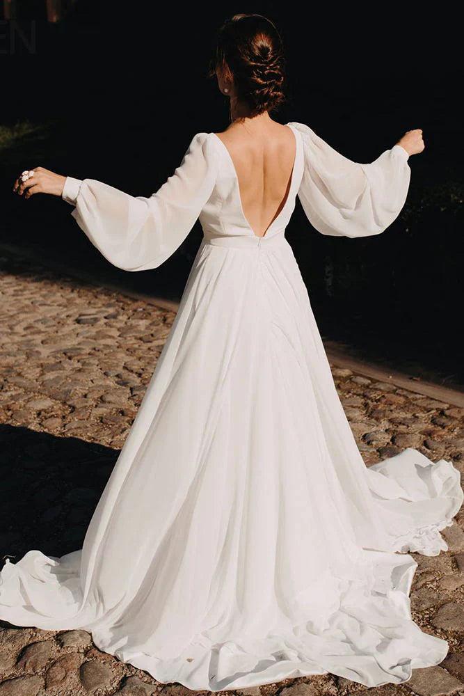 Vestidos de novia de manga larga, corte A, de gasa y mangas abullonadas