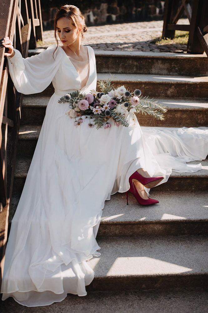 Vestidos de novia de manga larga, corte A, de gasa y mangas abullonadas
